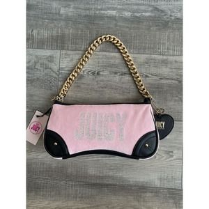 Juicy By Juicy Couture Chain Strap Crystals Small Shoulder Bag Pink Velour New
